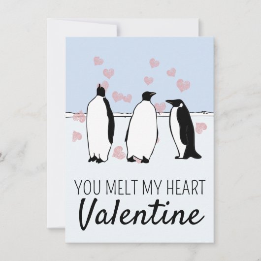 Carte Oiseau Penguin Valentine Coeurs roses Fondre Mon C (Devant)