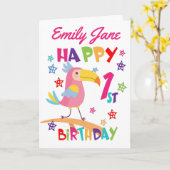 Carte Oiseau rose 1er anniversaire (Fleur jaune)