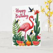 Carte Oiseau Rose Joyeux (Fleur jaune)
