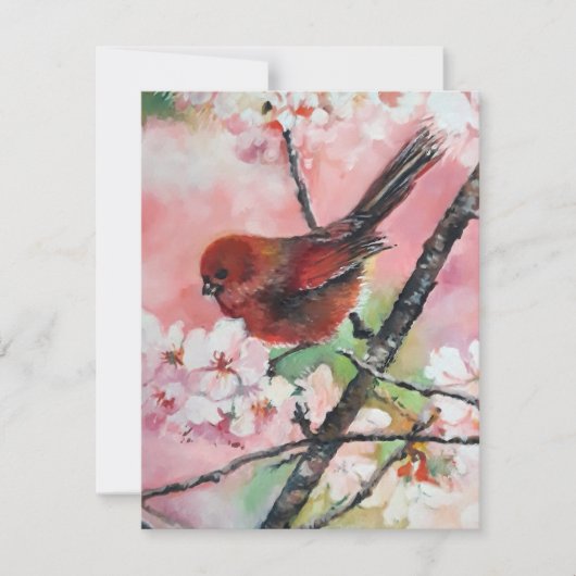Carte Oiseau roux en fleurs de cerisiers (Devant)