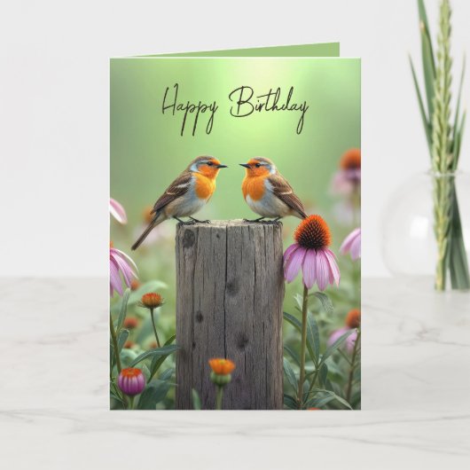 Carte Oiseaux chanteurs d'anniversaire sur un poteau de  (Devant)
