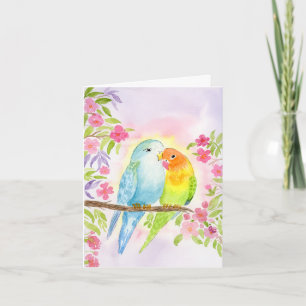 Carte Oiseaux d'amour à l'aquarelle avec fleurs roses