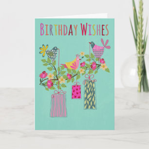 Carte Oiseaux d'anniversaire avec des cadeaux sur une br