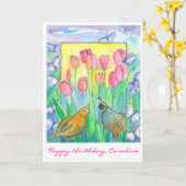 Carte Oiseaux de caille Fleurs de tulipes roses Joyeux a (Fleur jaune)