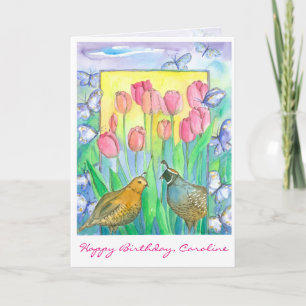Carte Oiseaux de caille Fleurs de tulipes roses Joyeux a