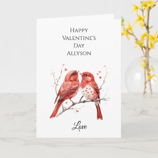 Carte Oiseaux de l'amour coeurs rouges (Fleur jaune)
