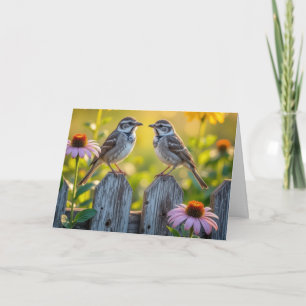 Carte Oiseaux et fleurs de cônes sur une clôture en bois