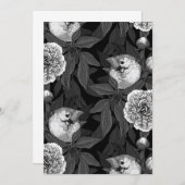 Carte Oiseaux et fleurs de pivoines monochromes, gris (Devant / Derrière)