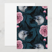 Carte Oiseaux et fleurs de pivoines roses avec feuille (Devant / Derrière)