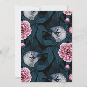 Carte Oiseaux et fleurs de pivoines roses avec feuille