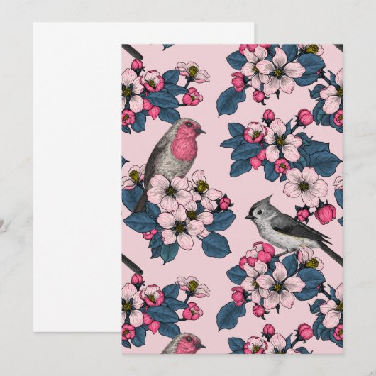 Carte Oiseaux et fleurs roses (Devant / Derrière)