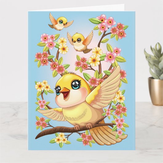 Carte Oiseaux mignons et heureux parmi les fleurs du pri (Petite plante)