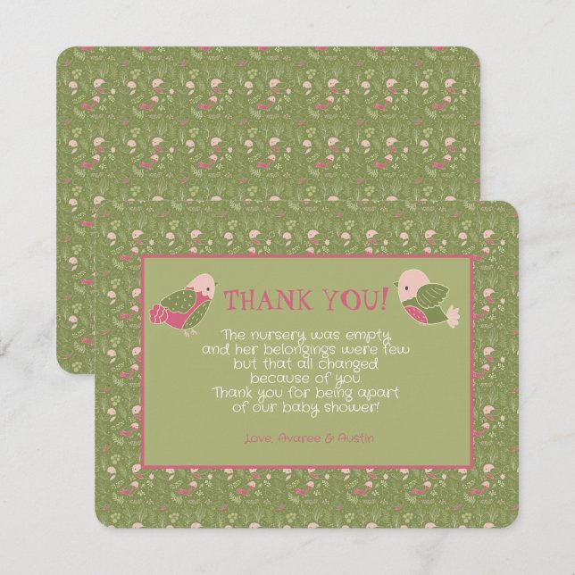 Carte Oiseaux verts et roses mignons Baby shower Merci (Devant / Derrière)