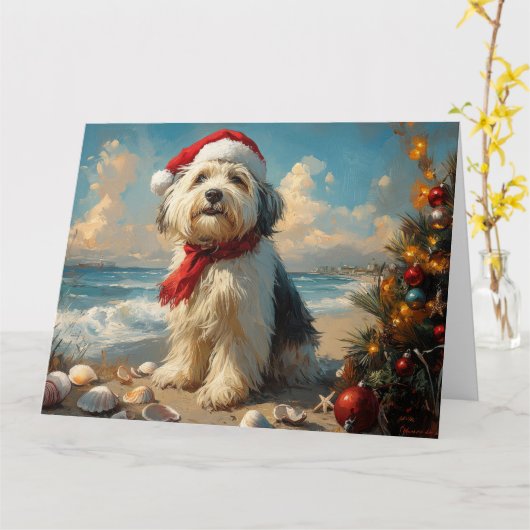 Carte Old English Sheepdog Christmas Vintage Beach (Fleur jaune)