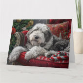 Carte Old English Sheepdog Festive de Noël (Devant)