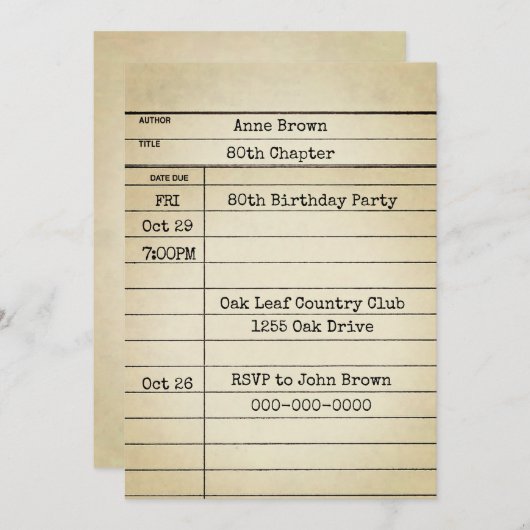 Carte Old Library 80th Birthday Party (Devant / Derrière)