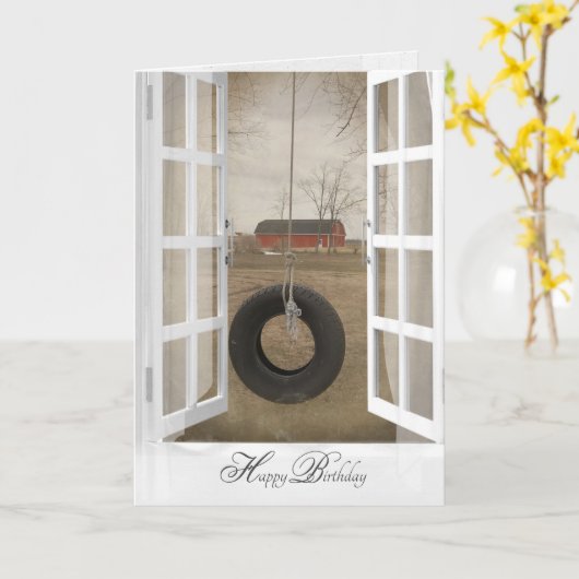 Carte old swing witn barn birthday (Fleur jaune)