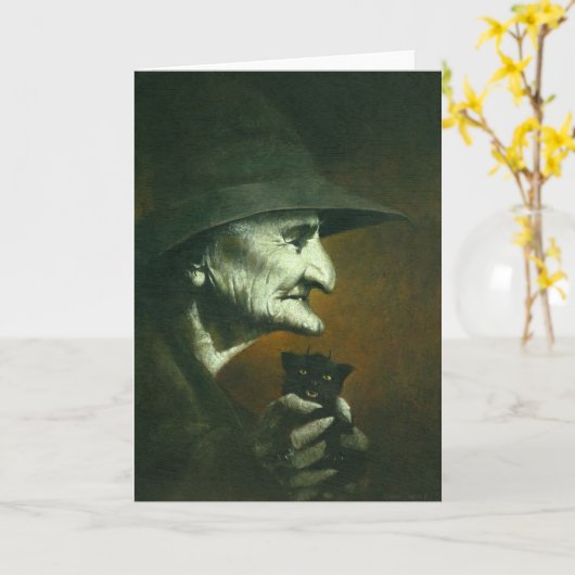 Carte Old Witch with Familiar Greetings Card (Fleur jaune)