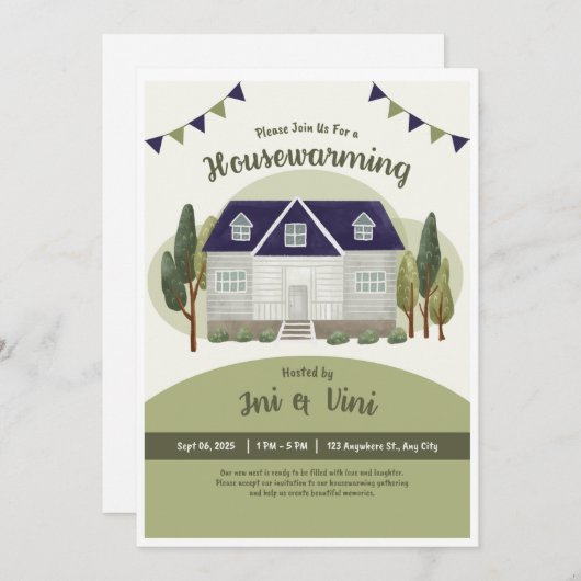 Carte Olive Green Invitation, Nouvelle Fête Maison (Devant / Derrière)