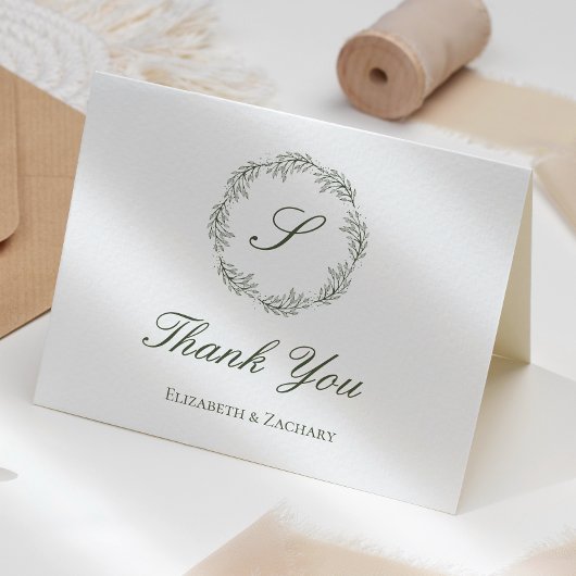 Carte Olive Green Monogramme Mariage Merci de couronne