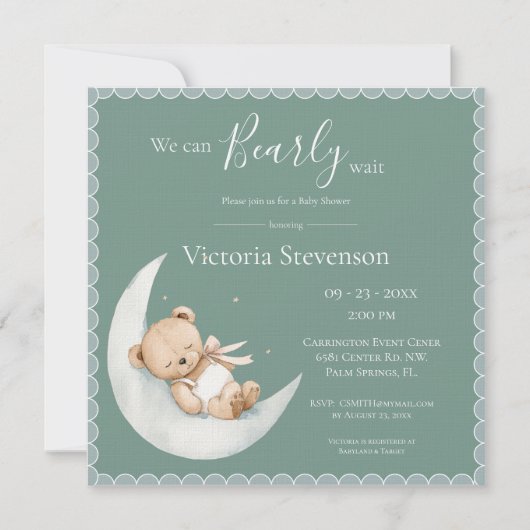 Carte On peut attendre le Baby shower vert de l'ours (Devant)
