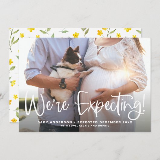 Carte On s'attend à une grossesse moderne en calligraphi (Devant / Derrière)