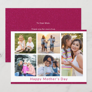 Carte On t'aime Maman 5 Collage photo rose paillettes