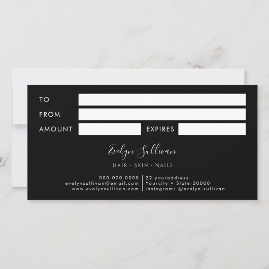 Carte opal sur certificat cadeau noir (Dos)