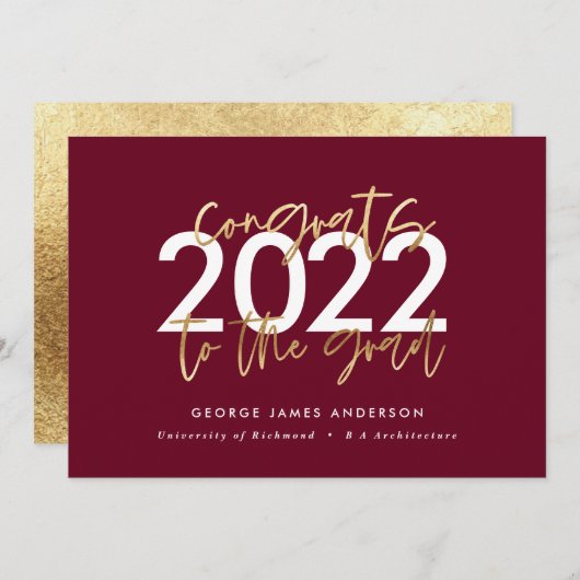 Carte or bordeaux écriture moderne stylish graduation (Devant / Derrière)