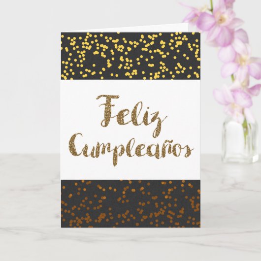 Carte Or et noir Feliz Cumpleanos (Orchidée)