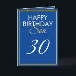 Carte Or moderne et son bleu 30e anniversaire<br><div class="desc">Le 30e anniversaire de Modern Gold et Blue Son, un design unique fait pour tous ceux qui cherchent quelque chose de spécial pour leur fils pour son anniversaire. Le design comporte un cadre doré agréable avec du texte personnalisable que vous pouvez personnaliser, alors n'hésitez pas à le customiser pour faire...</div>