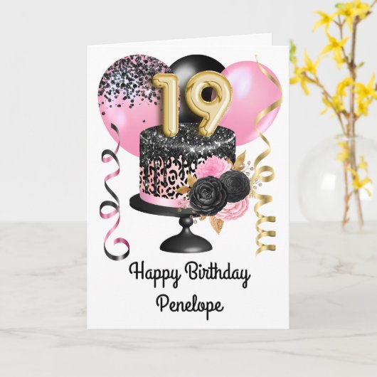 Carte Or rose et noir 19e anniversaire (Fleur jaune)