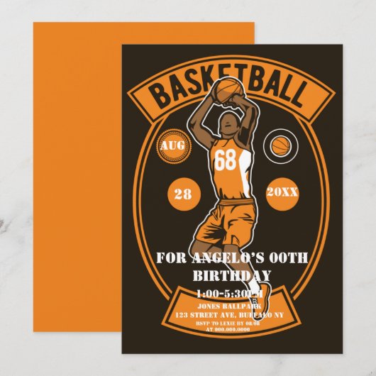 Carte Orange Black Basketball fête d'anniversaire (Devant / Derrière)