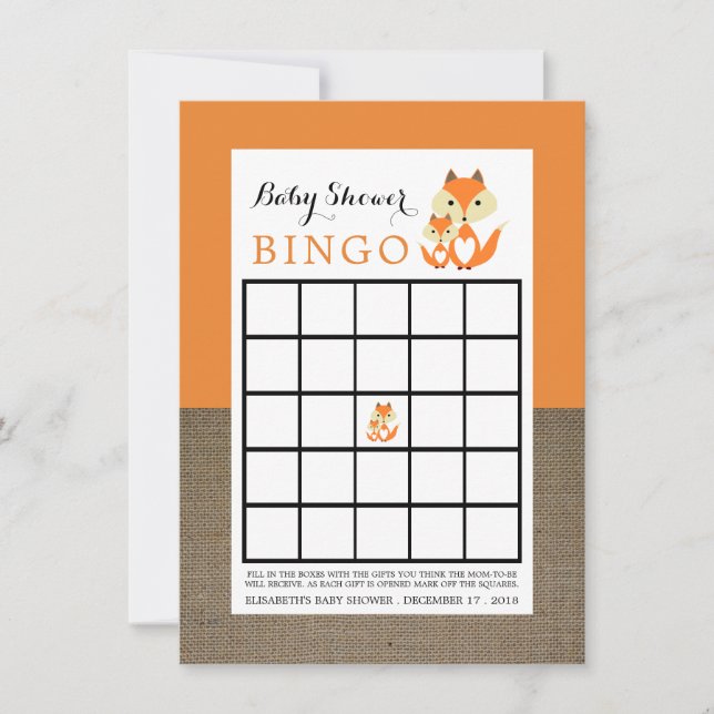 Carte Orange Fox Burlap Baby shower Bingo (Devant)
