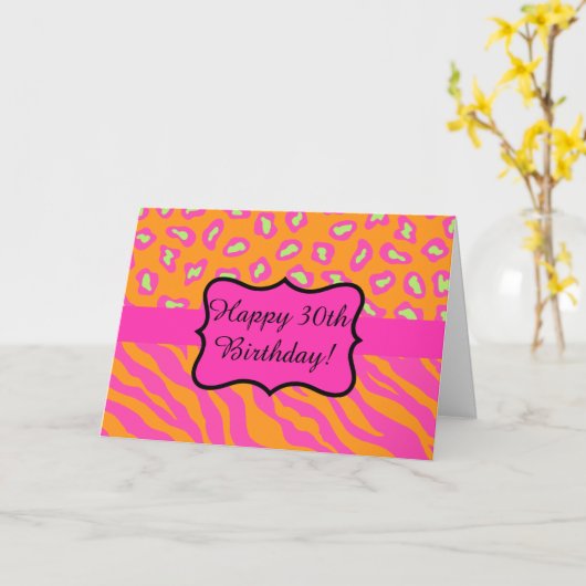 Carte Orange Fuchsia rose Zebra Leopard 30e anniversaire (Fleur jaune)