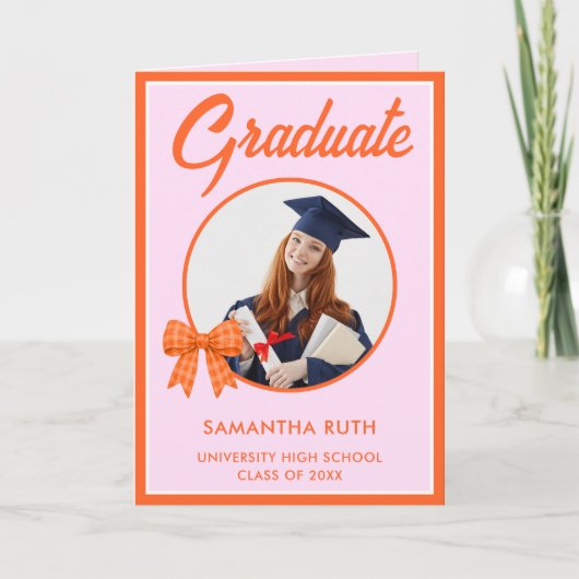 Carte Orange Gingham Bow Photo Graduation  (Devant)
