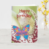 Carte Orchidée, papillon, Joyeux anniversaire ! (Fleur jaune)