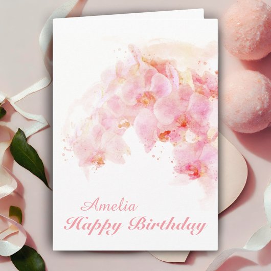 Carte Orchidée rose Aquarelle Fleur Anniversaire