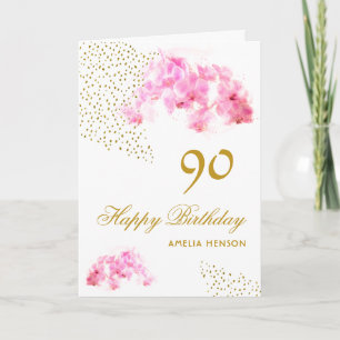 Carte Orchidée Rose Aquarelle Paillettes Dorées 90e Anni