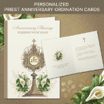 Carte Ordination du prêtre catholique 50 ans<br><div class="desc">Doté d'une belle carte pour un prêtre catholique célébrant son 50e anniversaire d'Ordination avec une Monstrance d'or et Eucharistie ornée de lys calles blancs. Tout le texte et les polices peuvent être modifiés.</div>