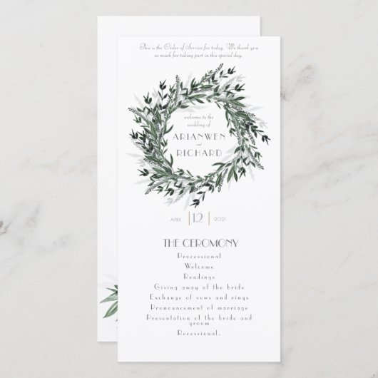 Carte Ordre du service, Vert #1, détails mariages (Devant / Derrière)