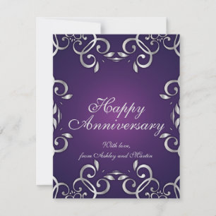 Carte Ornat Élégant Argent Et Violet Joyeux Anniversaire