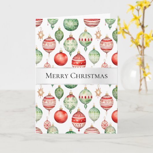 Carte Ornements de Noël Rouge Vert (Fleur jaune)