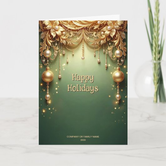 Carte Ornements Dorés Vert Festif de Fêtes (Devant)