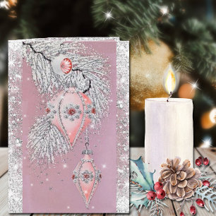 Carte Ornements roses vintage de Noël avec paillettes ar