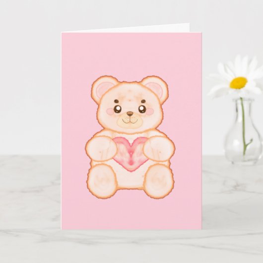 Carte Ours adorable de la Saint-Valentin avec cœur rouge (Petite plante)