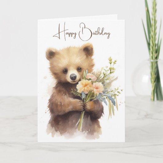 Carte Ours aquarelle avec Bouquet d'anniversaire (Devant)