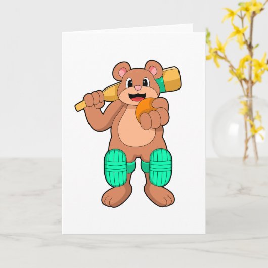 Carte Ours au cricket avec batte de cricket (Fleur jaune)