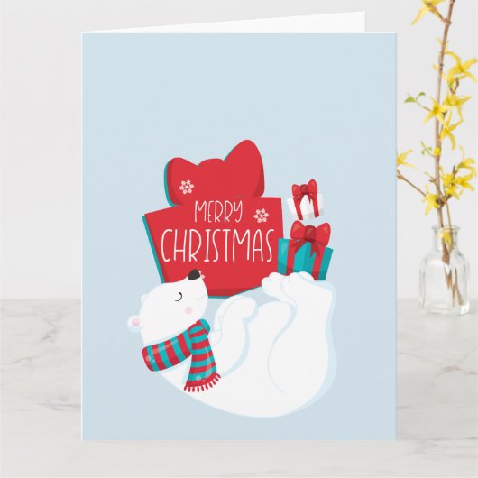 Carte Ours blanc et présente Noël (Fleur jaune)