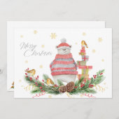 Carte Ours blanc Whimsical avec des verts de vacances et (Devant / Derrière)